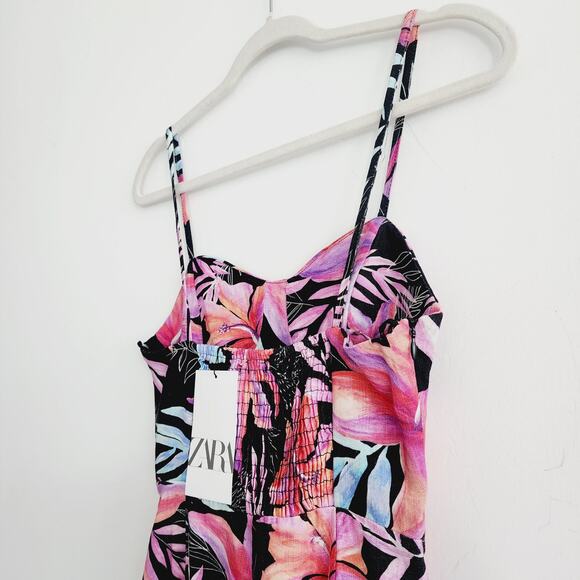 Zara Tropical Floral Print Corset Style Maxi / Midi Dress Side Slit Size Medium - Picture 5 of 11